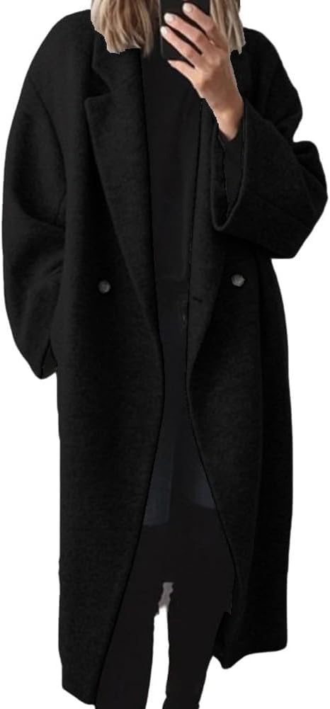 Women's Winter Double Breasted Wool Coat Long Sleeve Notch Lapel Long Trench Coat
