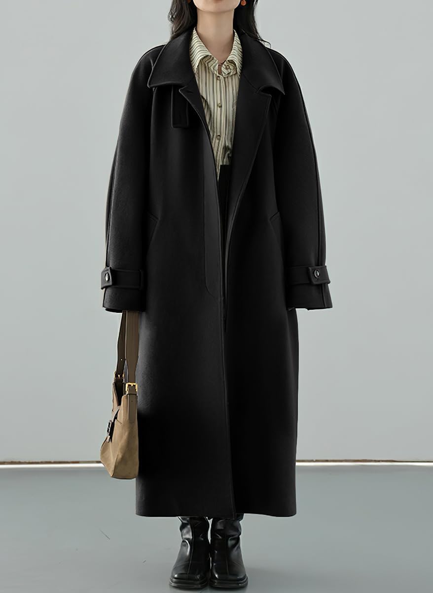 Women's Winter Hidden Single Breasted Wool Coat Raglan Sleeve Business Long Wool Overcoat - Image 2