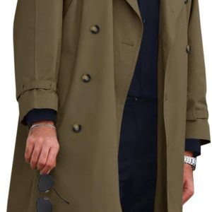 Mens Trench Coat Double Breasted Long Jacket Casual Windbreaker Notched Lapel Belted Overcoat