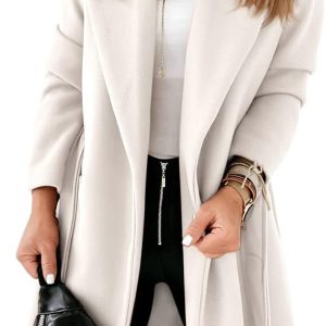 Womens Classic Coat Lapel Collar Open Front Belted Long Jacket