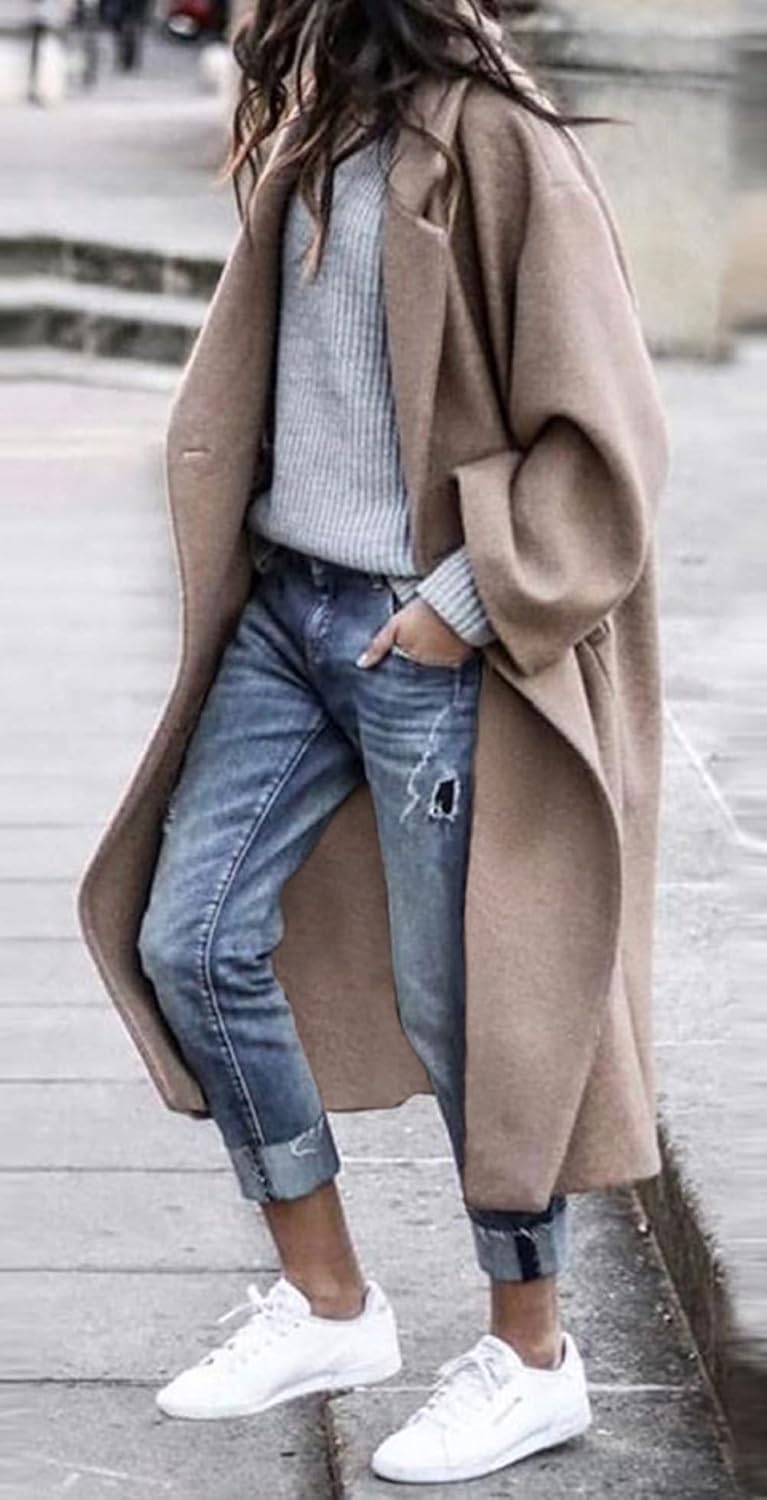 Women's Oversized Notched Collar Wool Blend Single Breast Midi Long Trench Coat - Image 2