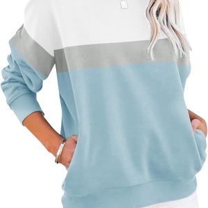 Women's Casual Long Sleeve Color Block/Solid Tops Crewneck Sweatshirts Cute Loose Fit Pullover with Pockets
