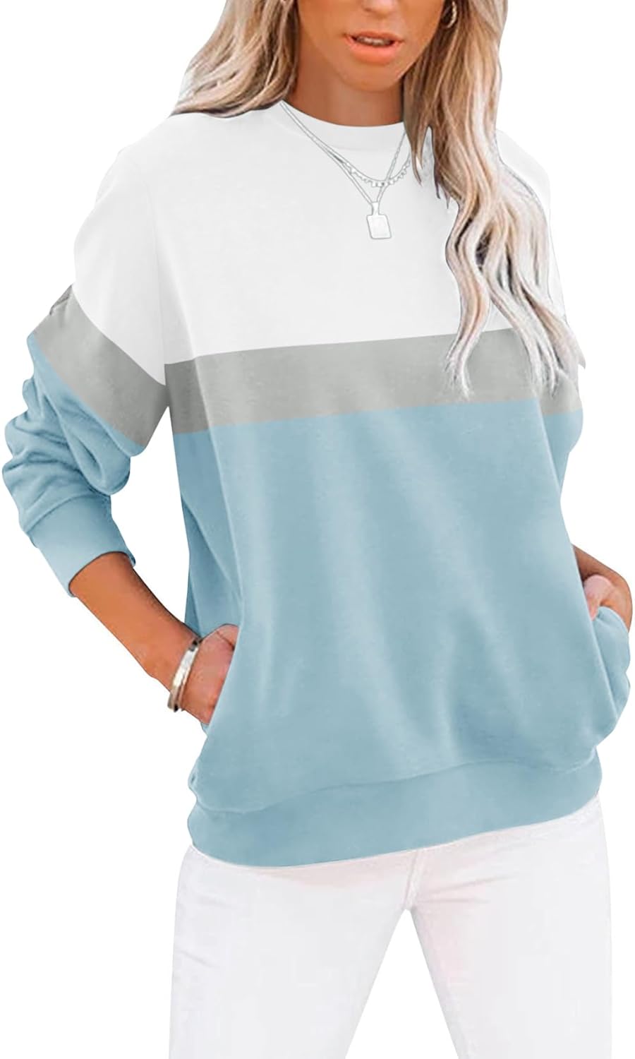 Women's Casual Long Sleeve Color Block/Solid Tops Crewneck Sweatshirts Cute Loose Fit Pullover with Pockets