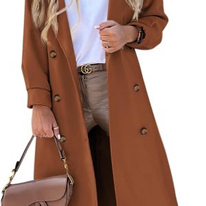 Women's Long Coat Notched Lapel Collar Double Breasted Pea Coat Winter Elegant Wool Blend Over Coats Jackets