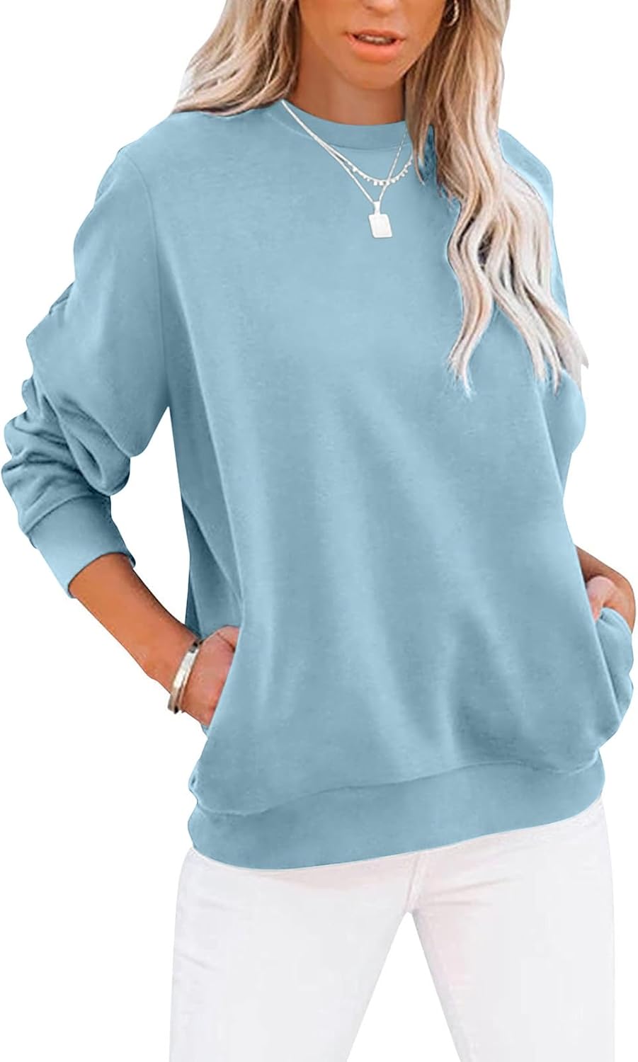 Women's Casual Long Sleeve Color Block/Solid Tops Crewneck Sweatshirts Cute Loose Fit Pullover with Pockets