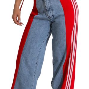 Women’s Jeans with Patchwork Stripes High Waist Loose Denim Color Block Jean Straight Wide Leg Pants
