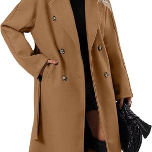 Women Elegant Wool Pea Coat Lapel Collar Double Breasted Mid-Long Winter Overcoats with Belted Pockets