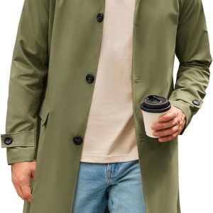 Mens Trench Coat Slim Fit Single Breasted Long Windbreaker Jacket Classic Lapel Casual Overcoat