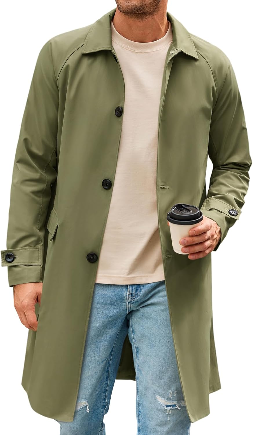 Mens Trench Coat Slim Fit Single Breasted Long Windbreaker Jacket Classic Lapel Casual Overcoat