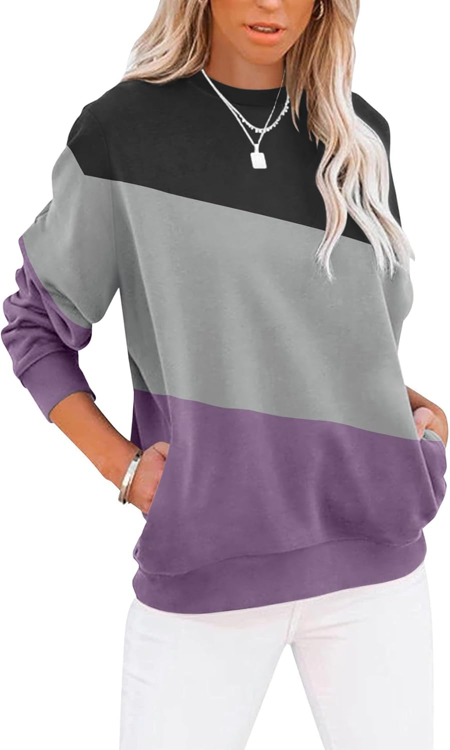 Women's Casual Long Sleeve Color Block/Solid Tops Crewneck Sweatshirts Cute Loose Fit Pullover with Pockets