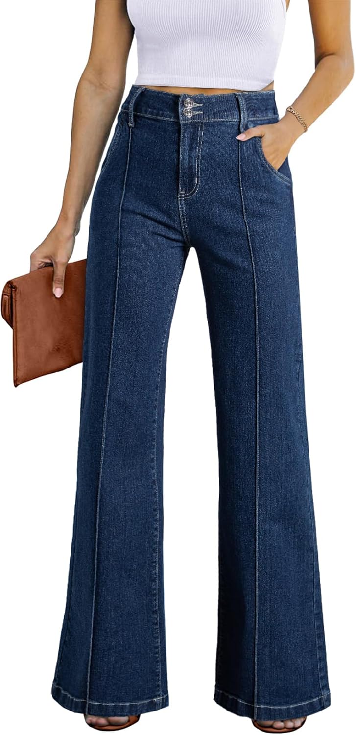Womens Wide Leg Jeans Casual Baggy High Waisted Stretch Denim Pants