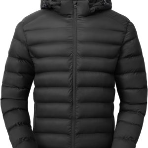 men Lightweight Puffer Jackets Detachable Hood Water-Resistant Casual Winter Coat Hooded Insulated for Travel Ski
