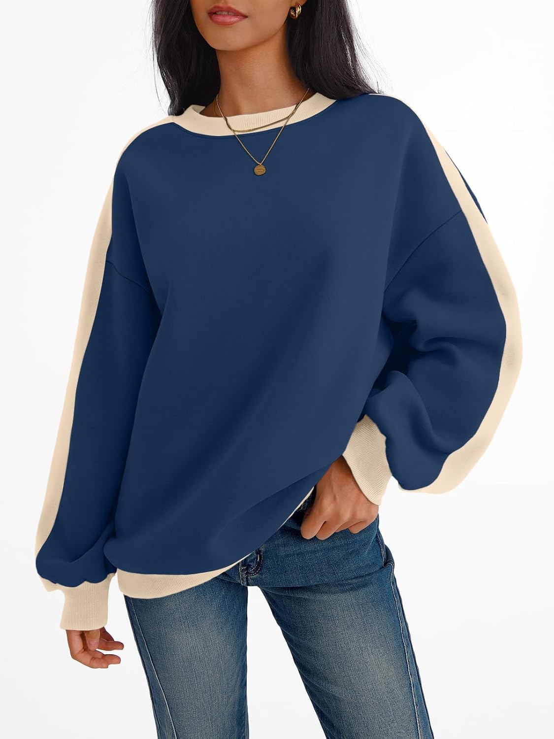 Womens Oversized Sweatshirts Crewneck Hoodies Color Block Long Sleeve Pullover Fall Cute Top Fleece Clothes - Image 2