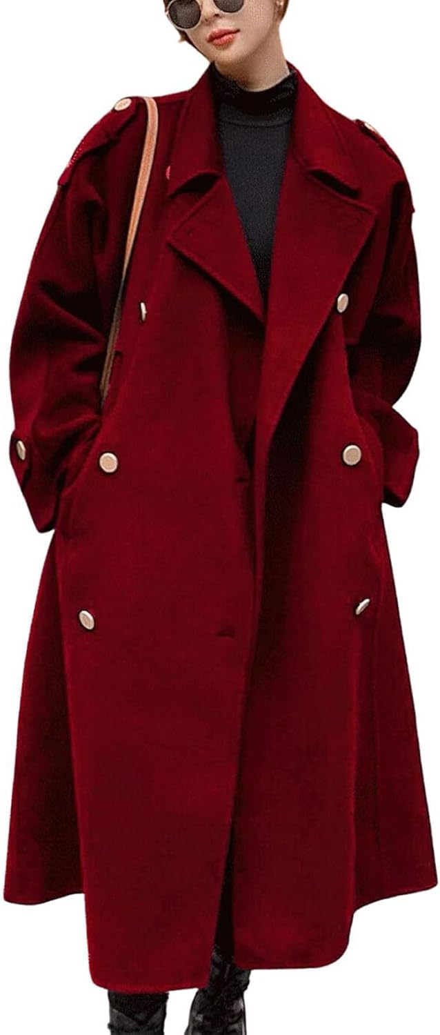 Women's Winter Double Breasted Midi Long Wool Pea Coat Notch Lapel Winter Trench Coat