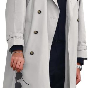 Mens Trench Coat Double Breasted Long Jacket Casual Windbreaker Notched Lapel Belted Overcoat