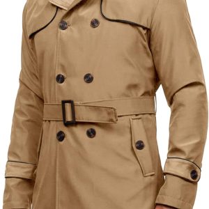 Men's Trench Coat Slim fit Double Breasted Notched Lapel Belted Windbreaker Long Jacket Casual Windproof Overcoat