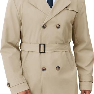 Men's Trench Coat Double Breasted Notched Lapel Long Jacket Belted Windbreaker Casual Slim Fit Overcoat