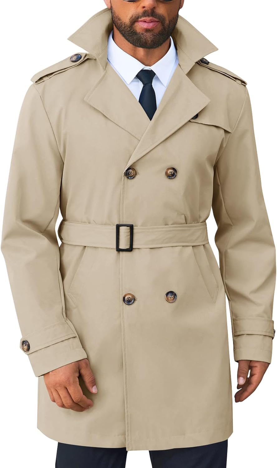 Men's Trench Coat Double Breasted Notched Lapel Long Jacket Belted Windbreaker Casual Slim Fit Overcoat
