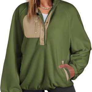 Sweatshirt for Women Oversized Fuzzy Fleece Jacket Color Block Button Long Sleeve Pullover  Sweatshirts Tops