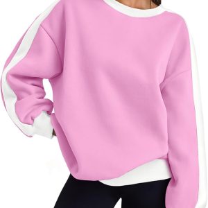 Womens Oversized Sweatshirts Crewneck Hoodies Color Block Long Sleeve Pullover Fall Cute Top Fleece Clothes