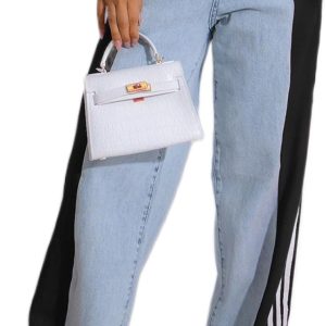 Women’s Jeans with Patchwork Stripes High Waist Loose Denim Color Block Jean Straight Wide Leg Pants