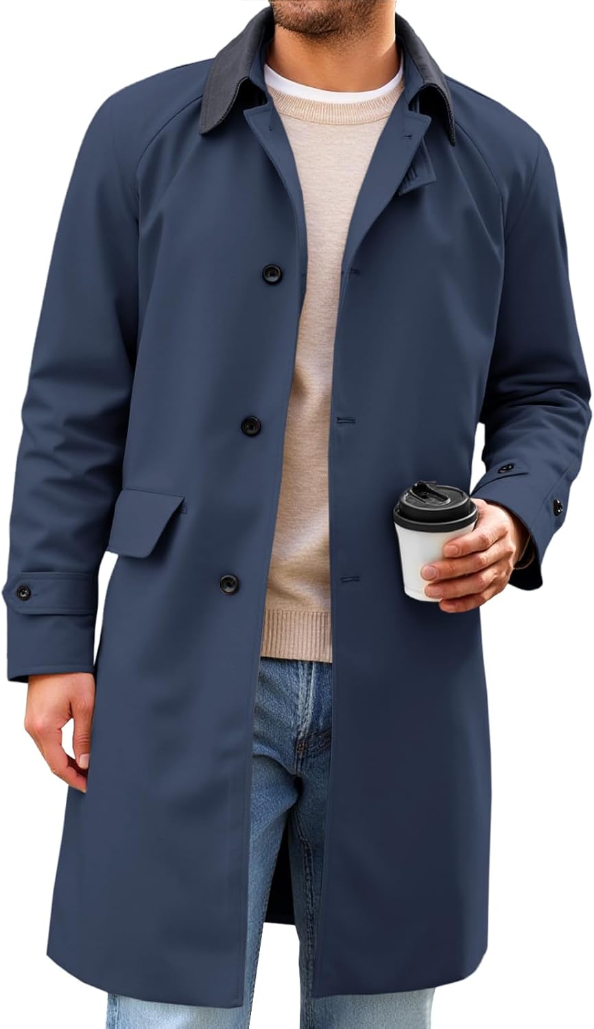 Mens Trench Coat Single Breasted Corduroy Lapel Long Jacket Fall Casual Vintage Windbreaker Overcoat