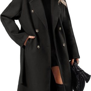 Women Elegant Wool Pea Coat Lapel Collar Double Breasted Mid-Long Winter Overcoats with Belted Pockets