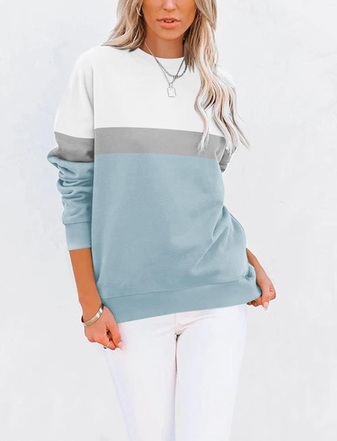 Women's Casual Long Sleeve Color Block/Solid Tops Crewneck Sweatshirts Cute Loose Fit Pullover with Pockets - Image 2