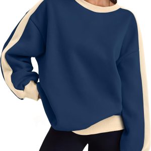 Womens Oversized Sweatshirts Crewneck Hoodies Color Block Long Sleeve Pullover Fall Cute Top Fleece Clothes