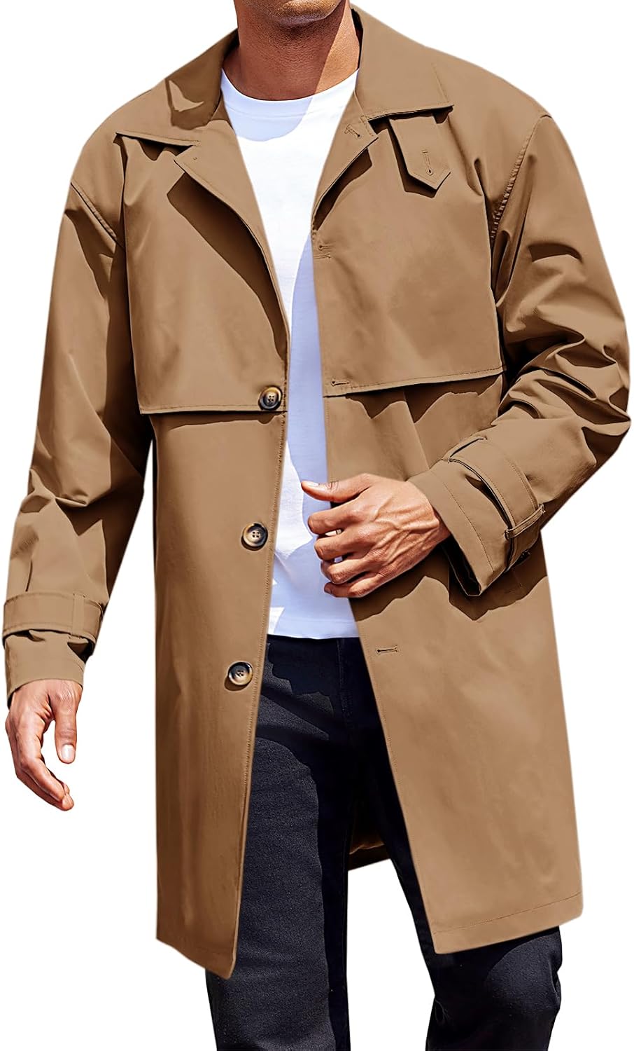 Mens Trench Coat Single Breasted Slim Fit Mid Long Jackets Casual Fall Windbreaker Overcoat