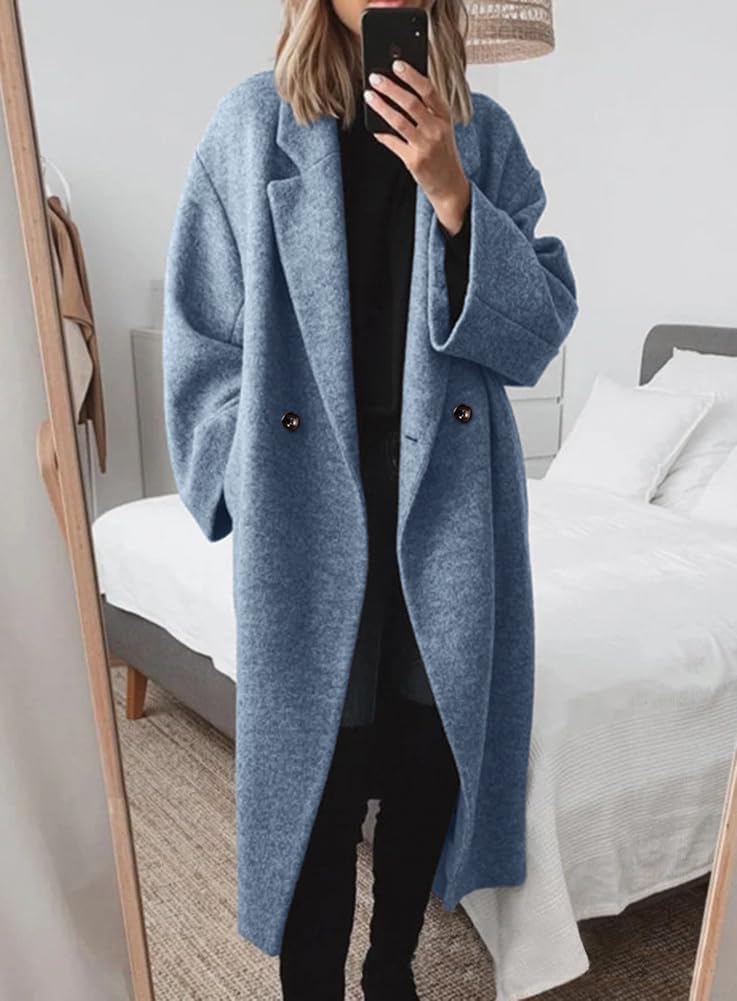 Women's Winter Double Breasted Wool Coat Long Sleeve Notch Lapel Long Trench Coat - Image 2