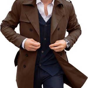 Mens Trench Coat Notched Lapel Double Breasted Long Jacket Windbreaker Overcoat Pea Coat
