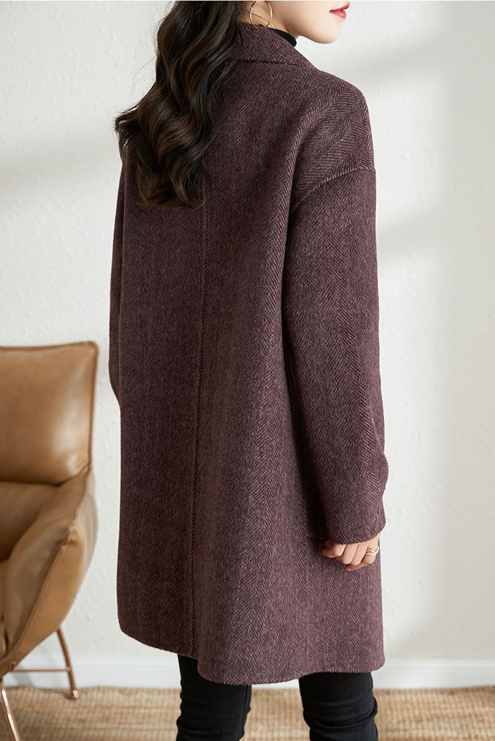 Women's Notch Lapel Herringbone Wool Coat Formal Office Work Double Breasted Winter Pea Coat - Image 2