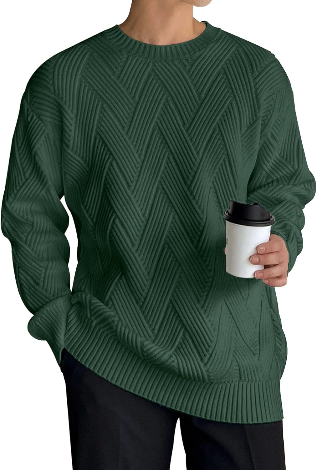Men's Crewneck Sweaters Casual Textured Pullover Sweaters with Diagonal Jacquard Pattern - Image 2