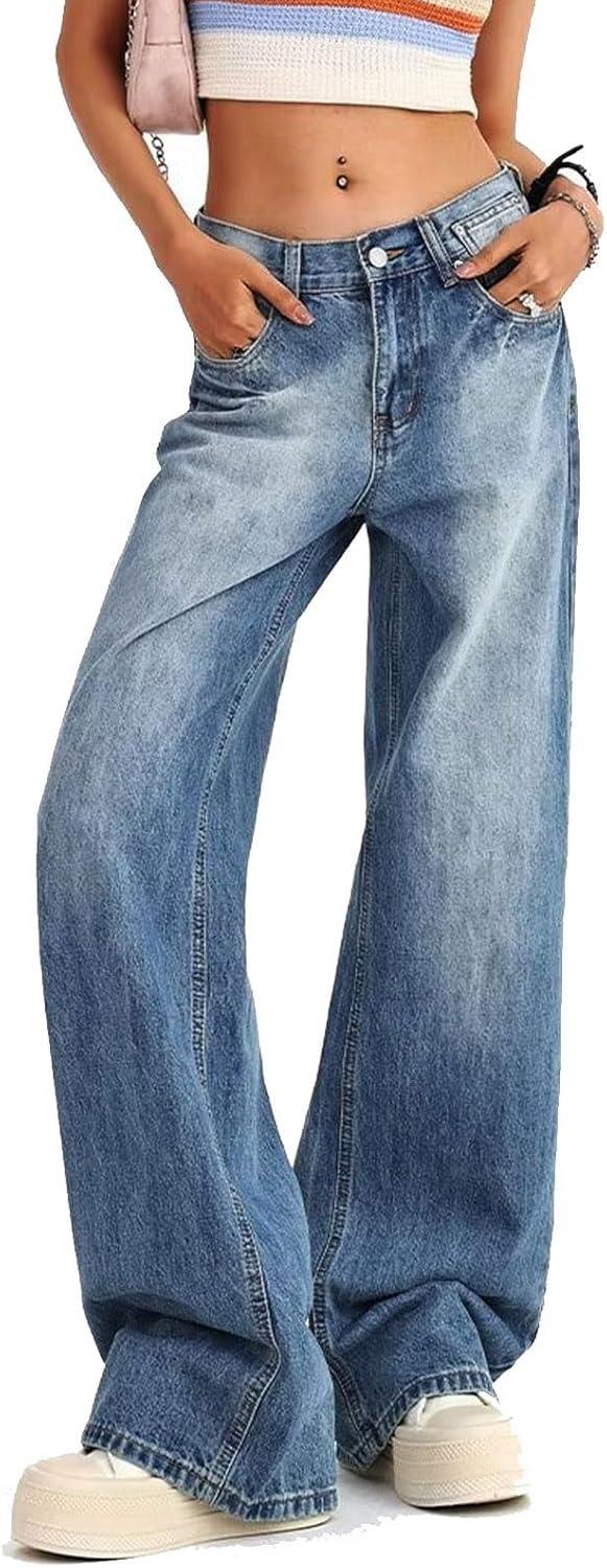 Women's Low Rise Baggy Jeans Washed Straight Wide Leg Denim Pants Casual Loose Boyfriend Jean Streewear Trousers