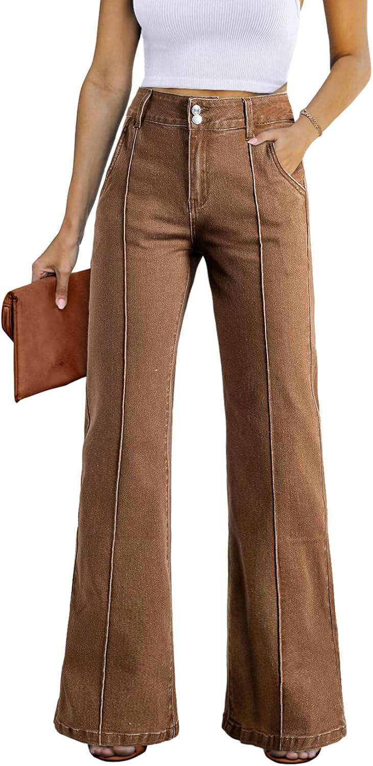 Womens Wide Leg Jeans Casual Baggy High Waisted Stretch Denim Pants