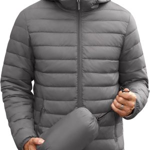 men Packable Puffer Jacket Lightweight Hooded Insulated Winter Coat Windproof Zipper Down Jacket