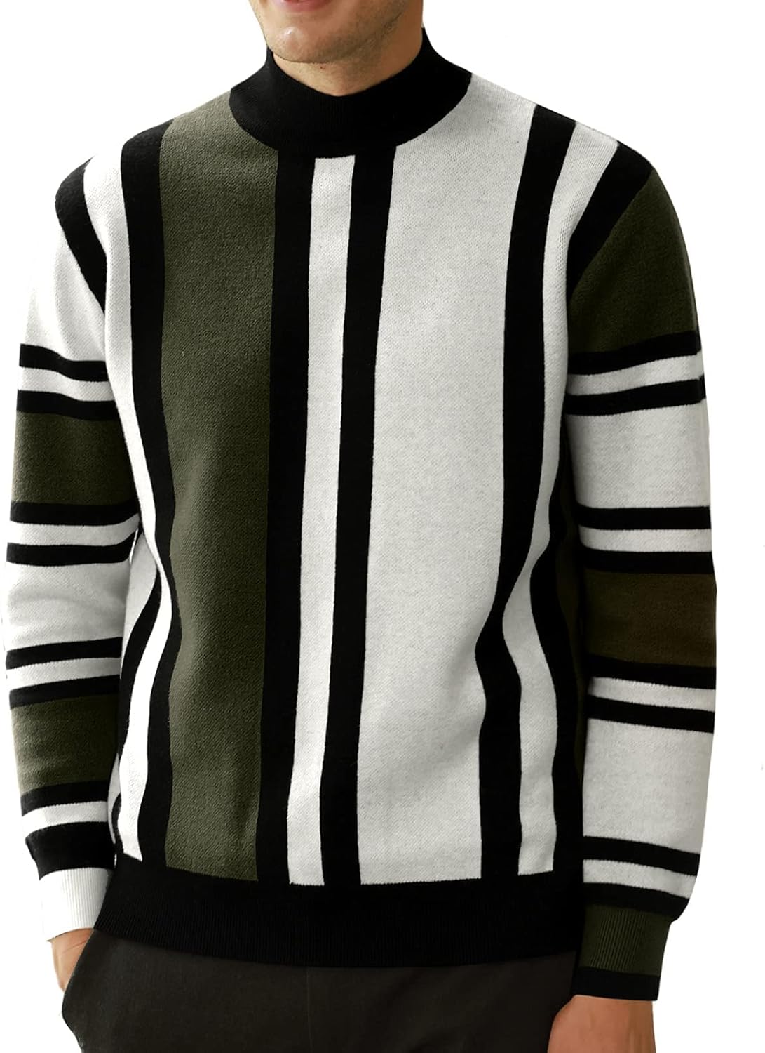 Mens Mock Turtleneck Sweater Vintage Striped Pullover Sweater Fashion Jumper Sweater