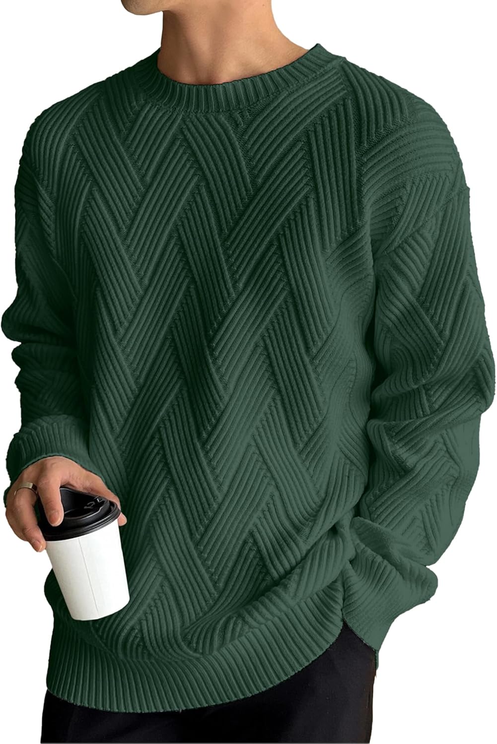 Men's Crewneck Sweaters Casual Textured Pullover Sweaters with Diagonal Jacquard Pattern