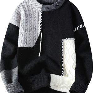 Patchwork Sweater Mens Colorblock Jumper Cable Knitted Pullover Oversized