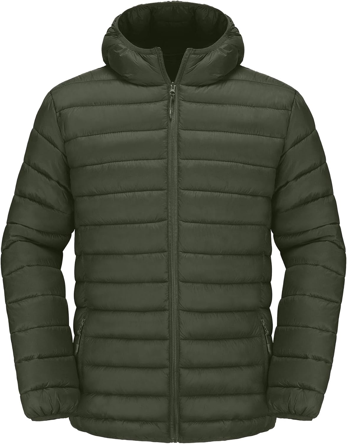 men Puffer Jacket Hooded Lightweight Full Zip Warm Coats Water Repellent Windproof Insulated Jacket with Pockets - Image 2