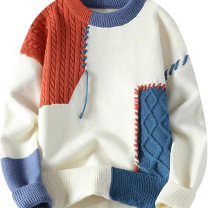 Patchwork Sweater Mens Colorblock Jumper Cable Knitted Pullover Oversized