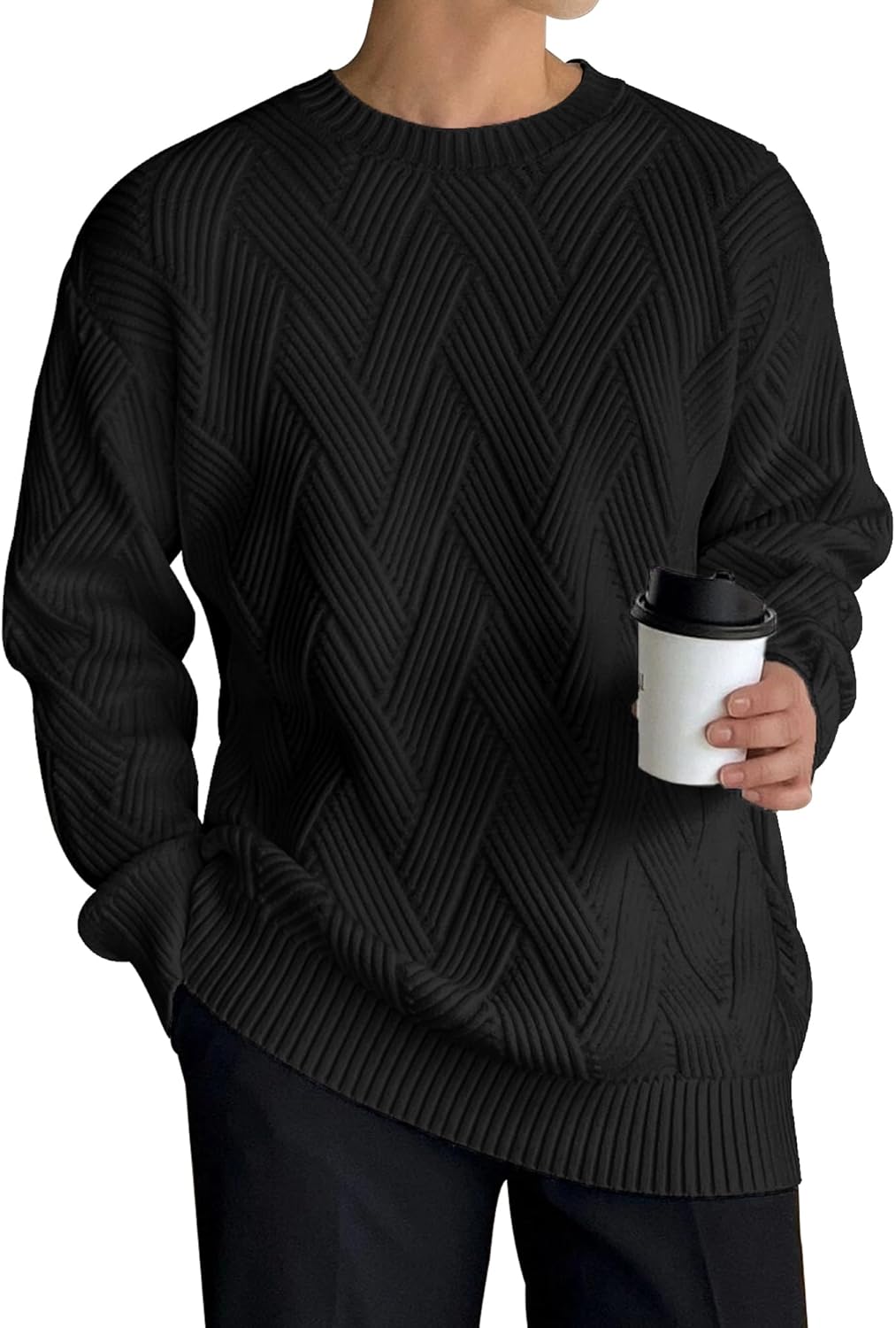 Men's Crewneck Sweaters Casual Textured Pullover Sweaters with Diagonal Jacquard Pattern - Image 2