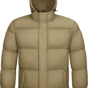 men Hooded Down Jacket Water Resistant Puffer Jacket Full Zip Up Windproof Winter Jacket with Zip Pockets