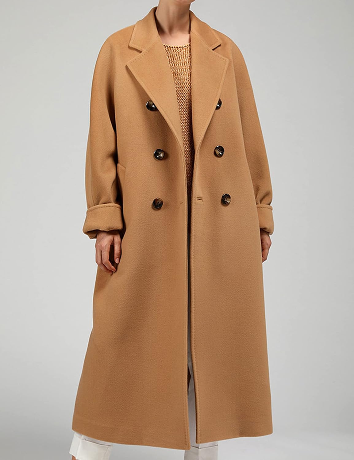 Women Wool Blend Pea Coat Camel Notched Collar Double Breasted Outerwear Jacket - Image 2