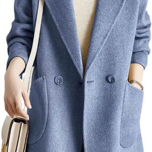 Women's Notch Lapel Herringbone Wool Coat Formal Office Work Double Breasted Winter Pea Coat