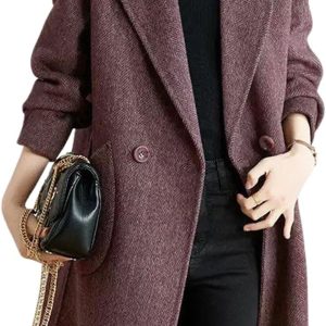 Women's Notch Lapel Herringbone Wool Coat Formal Office Work Double Breasted Winter Pea Coat