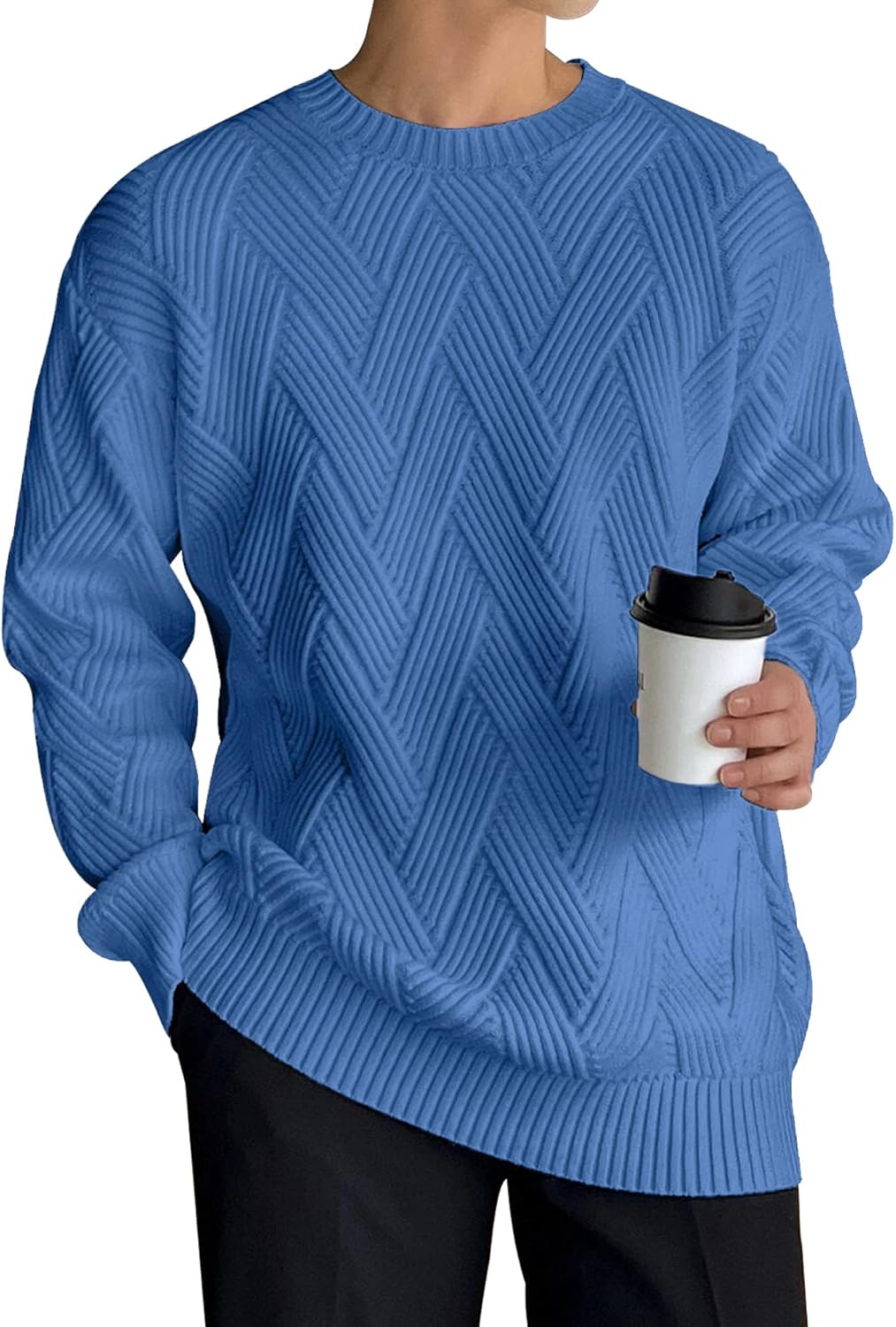 Men's Crewneck Sweaters Casual Textured Pullover Sweaters with Diagonal Jacquard Pattern - Image 2
