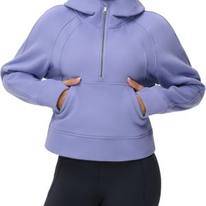 Womens' Hoodies Half Zip Long Sleeve Fleece Crop Pullover Sweatshirts with Pockets Thumb Hole