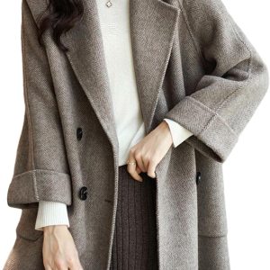 Women Wool Coat Peacoat Jacket Thick Loose Double Breasted Pea Coat Woolen Winter Overcoat